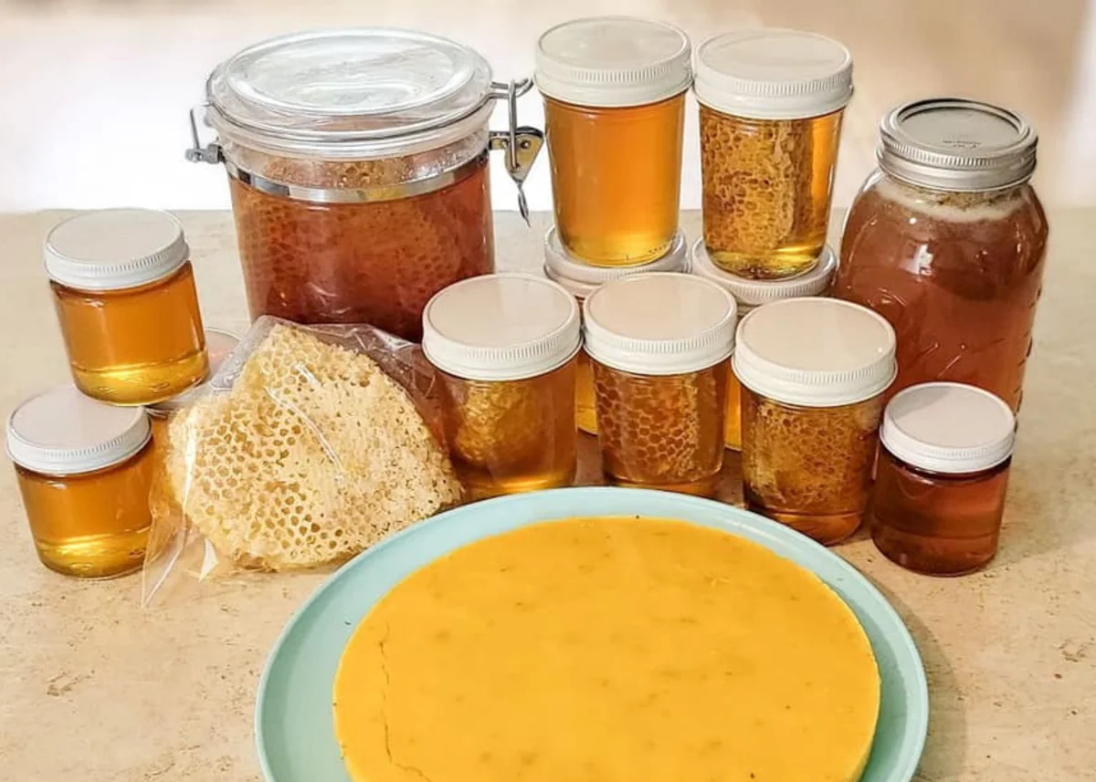 Jars of honey and honeycomb with a round cake of yellow beeswax from our beekeeping work