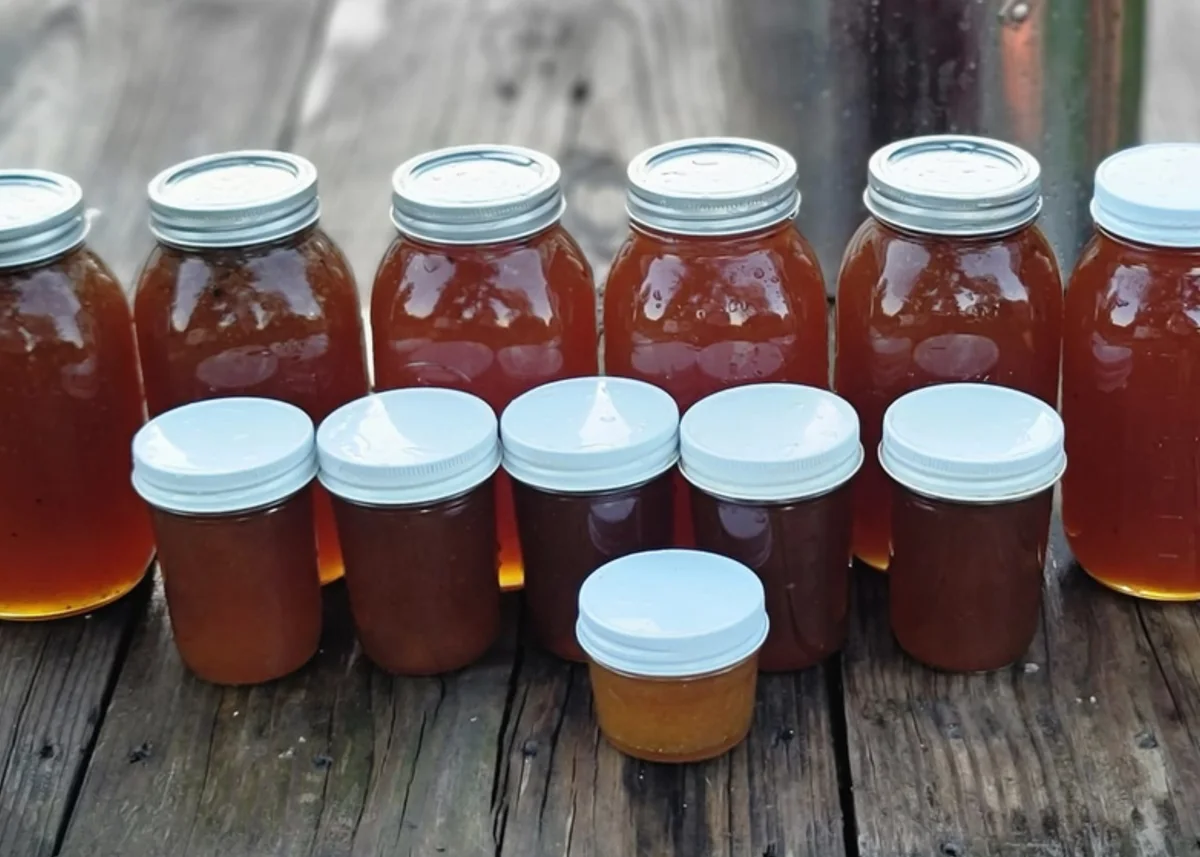 A collection of amber honey in glass jars arranged on a wooden table
