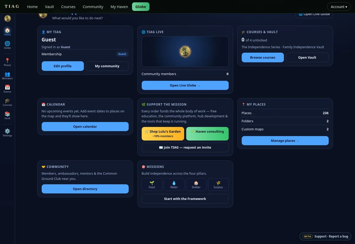 Actual TIAG.App guest dashboard with navigation for places, community, courses, the Vault and calendar