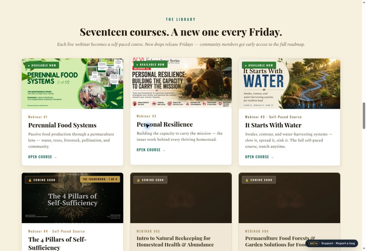 Actual Independence Series library showing Perennial Food Systems, Personal Resilience and It Starts With Water, with upcoming courses marked Coming Soon