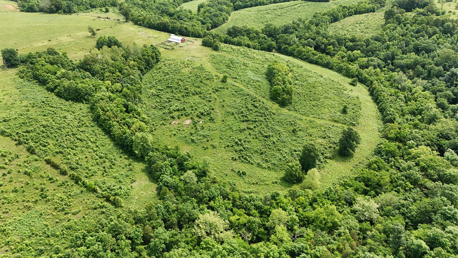 Aerial view across the twenty acres and surrounding Ozark hills