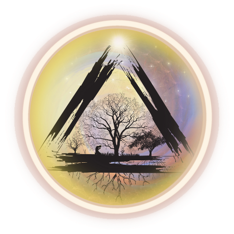 Haven Permaculture emblem: a triangle of brushstrokes framing a tree and its mirrored roots, inside a glowing circle.
